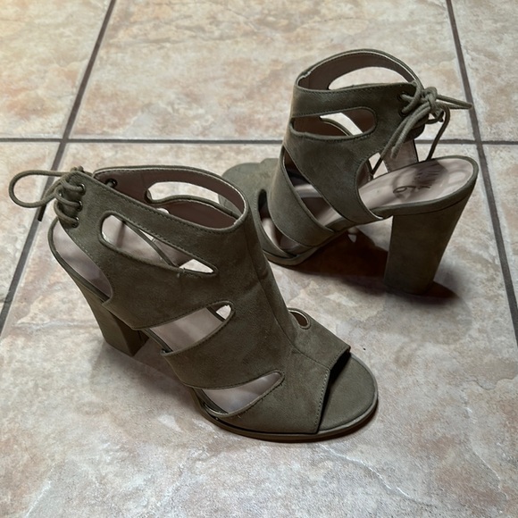 Suede Olive Green Heeled Sandals - Picture 1 of 9